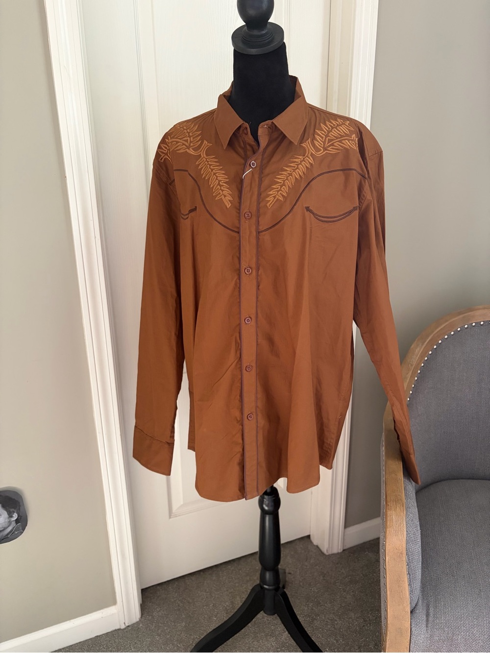 Men's Brown Embroidered Western Button-Down Shirt